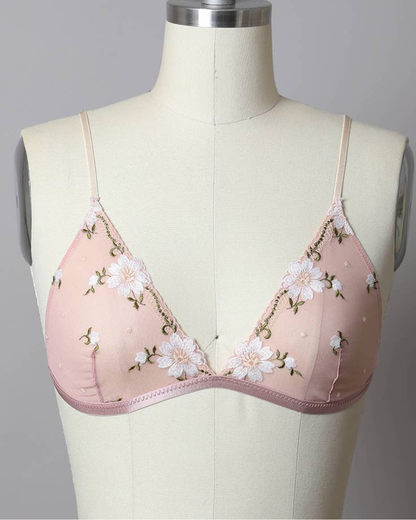 Leto Daisy Embroidered Mesh Bralette - YL-5480