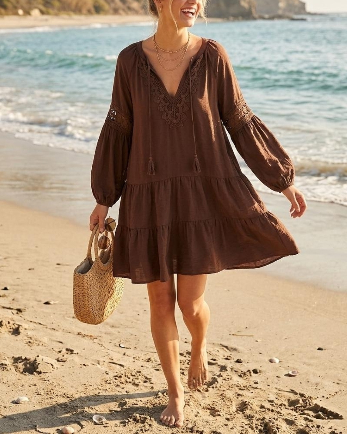 Pick Pink Puff Long Sleeve Embroidery Lace Mini Dress - MNJ2602