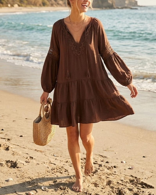 Pick Pink Puff Long Sleeve Embroidery Lace Mini Dress - MNJ2602