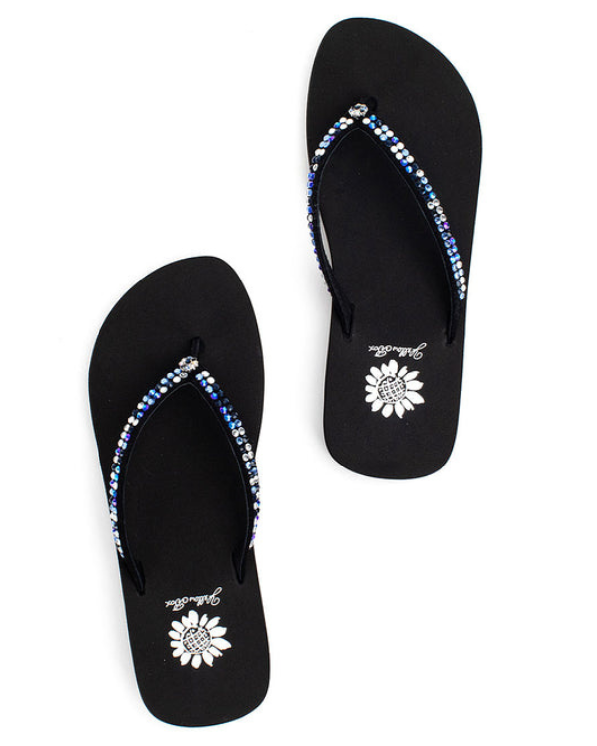 Women's black wedge sandal with multicolored rhinestones on the strap.