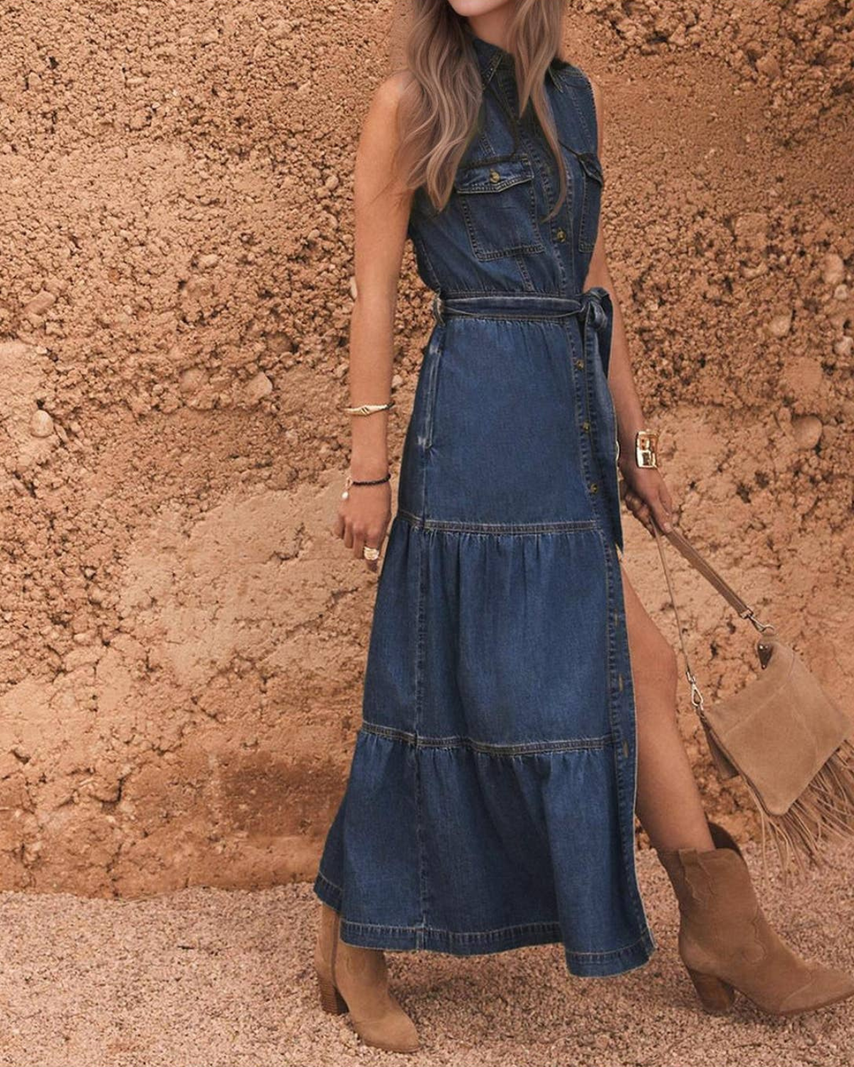 Anna Kaci Sleeveless Denim Button-Front Maxi Dress - FA0214