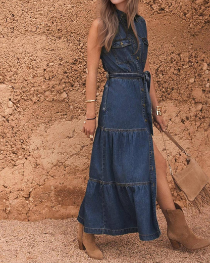 Anna Kaci Sleeveless Denim Button-Front Maxi Dress - FA0214
