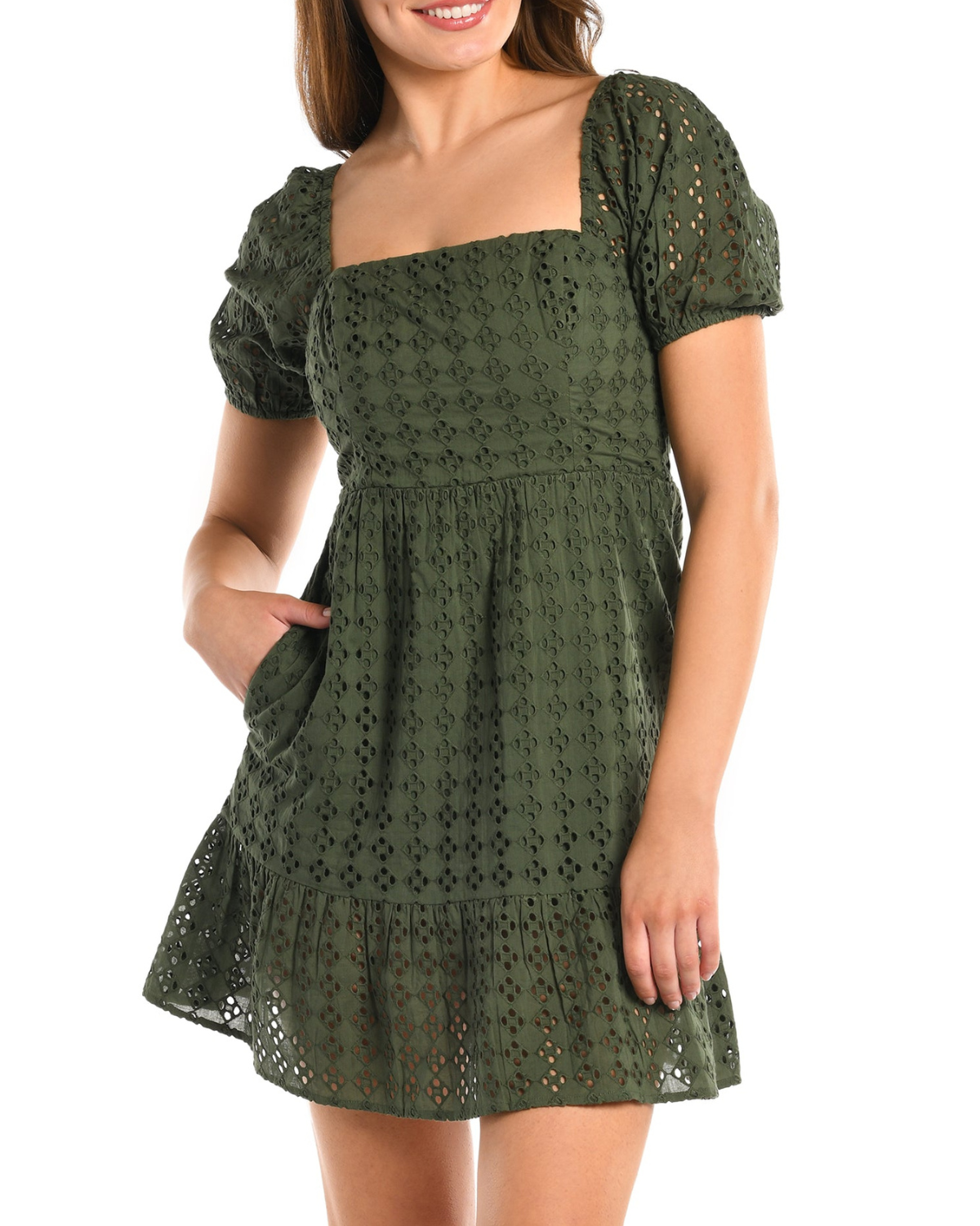 Model wearing a short sleeve cover up dress in forest green