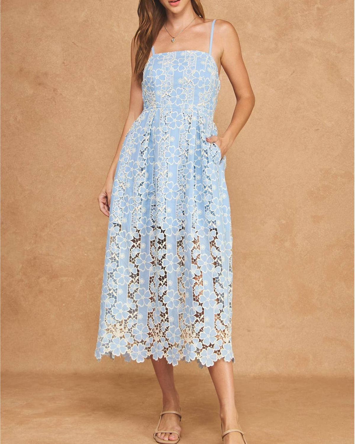 Strut & Bolt Floral Guipure Lace Midi Dress with Illusion Scalloped Hem - Ssb-D-11132