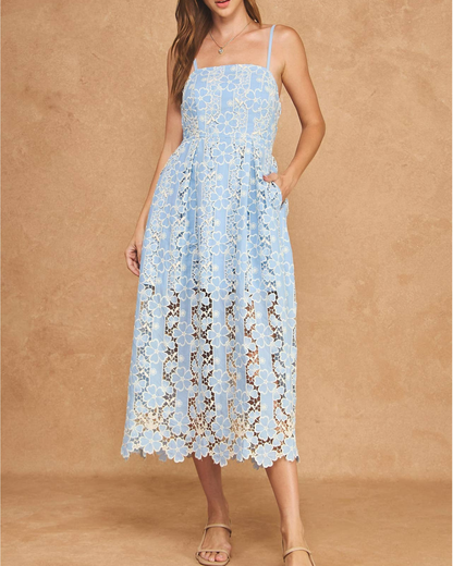Strut & Bolt Floral Guipure Lace Midi Dress with Illusion Scalloped Hem - Ssb-D-11132