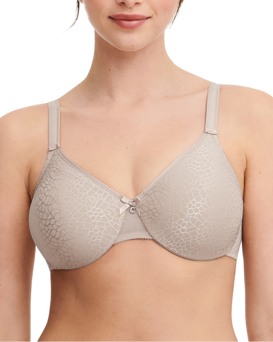 Model wearing a soft cup underwire bra in grey