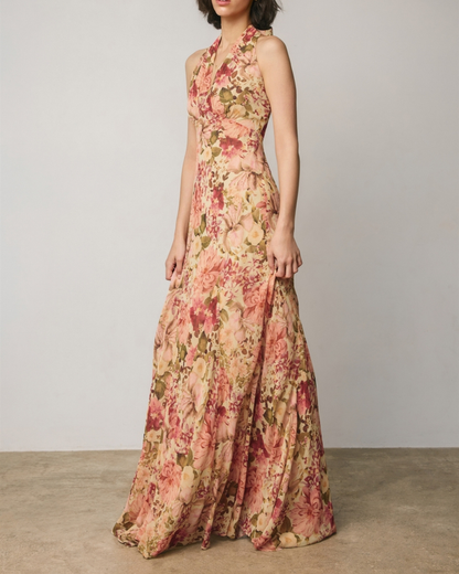 Dress Forum Floral Chiffon Halter Godet Maxi Dress - FD14117