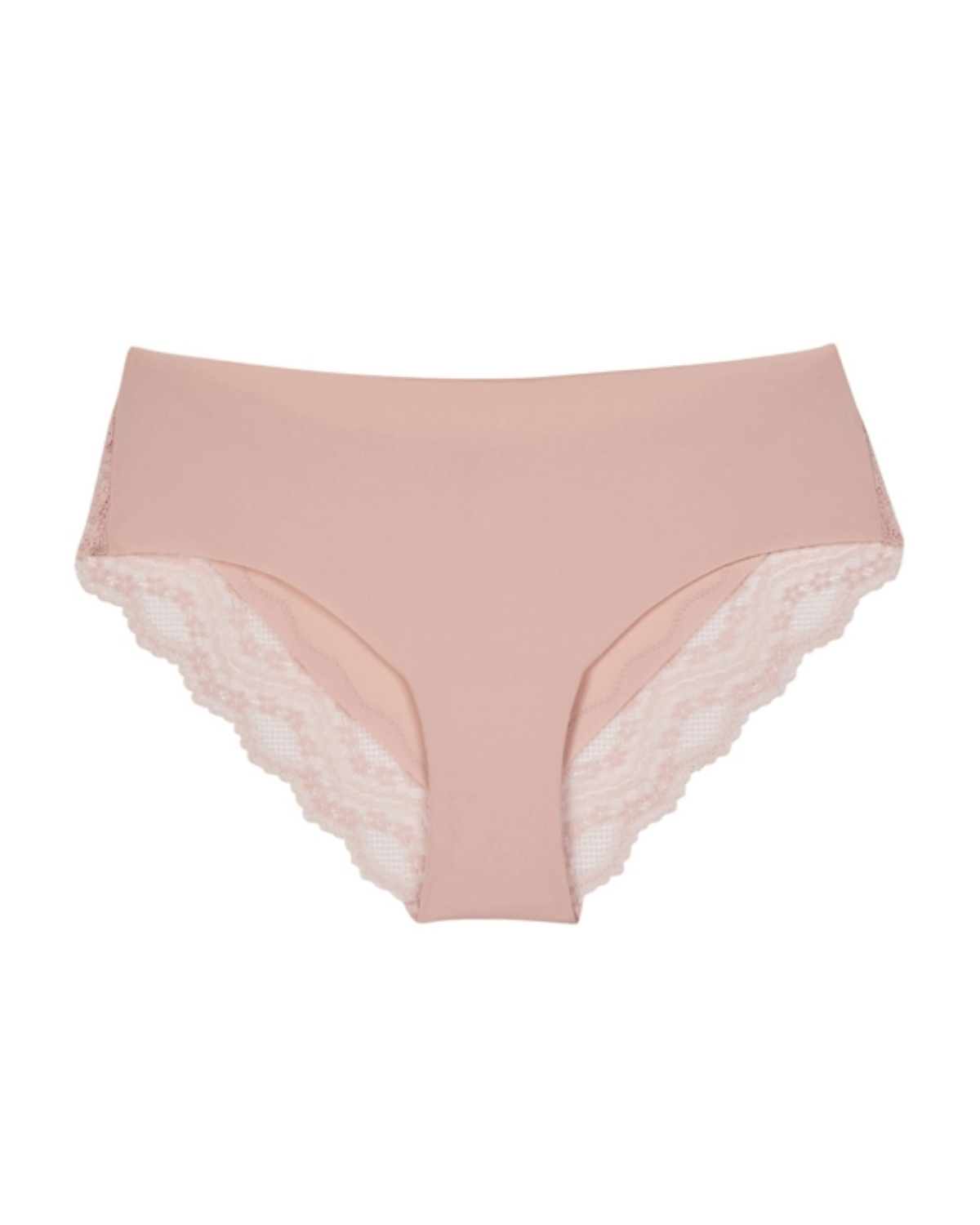 Women's light pink seamless hipster panty with  cheeky lace back.