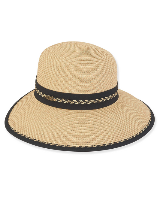 Paper braid backless hat in natural with a black trim