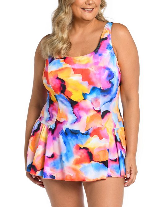 2024 Maxine of Hollywood Women's Plus Watercolor Bliss Princess Seam Swim Dress - Mw4dp41