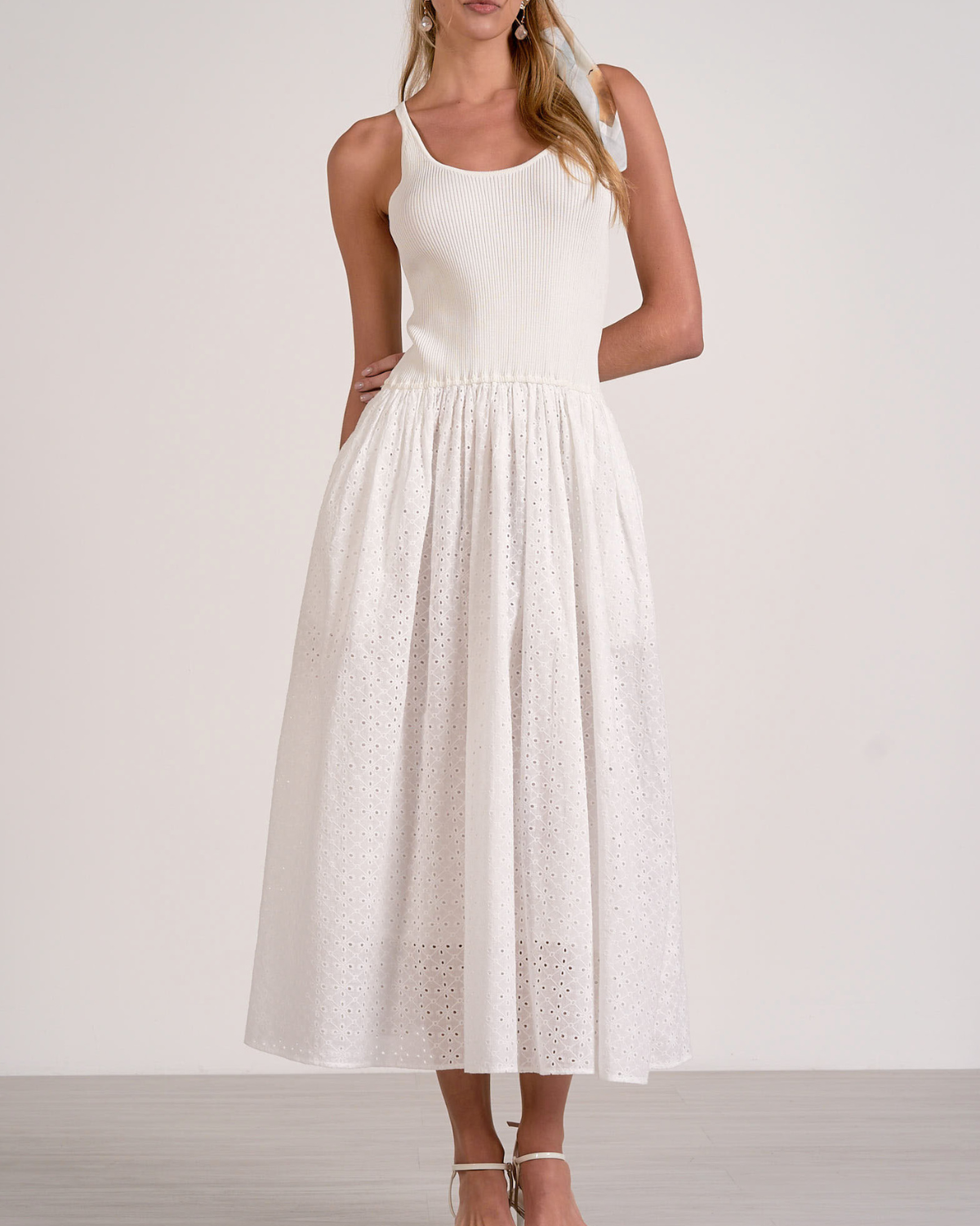 Elan Ribbed Knit Eyelet Sleeveless Maxi Dress - El50217
