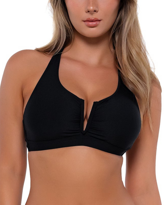 Model wearing a v-wire bikini top with multi-way styling in black.
