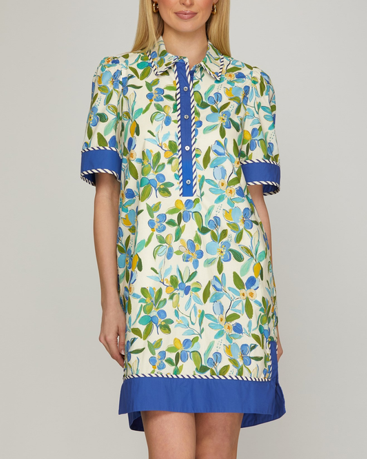 Sung Light Clothing Collared Button Down Woven Print Mini Dress - LVE2812