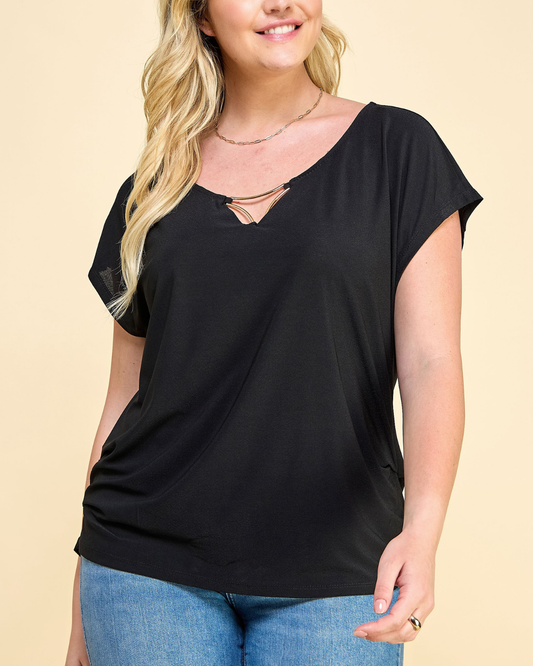 Winslow Plus Size Gold Trim Bar Round Neck Top - It01134