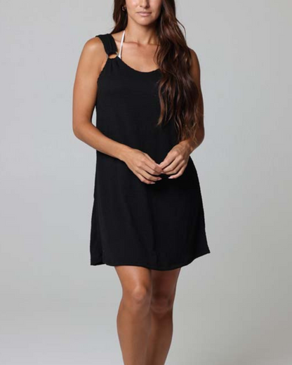 Model wearing a ring tank cover up dress in black