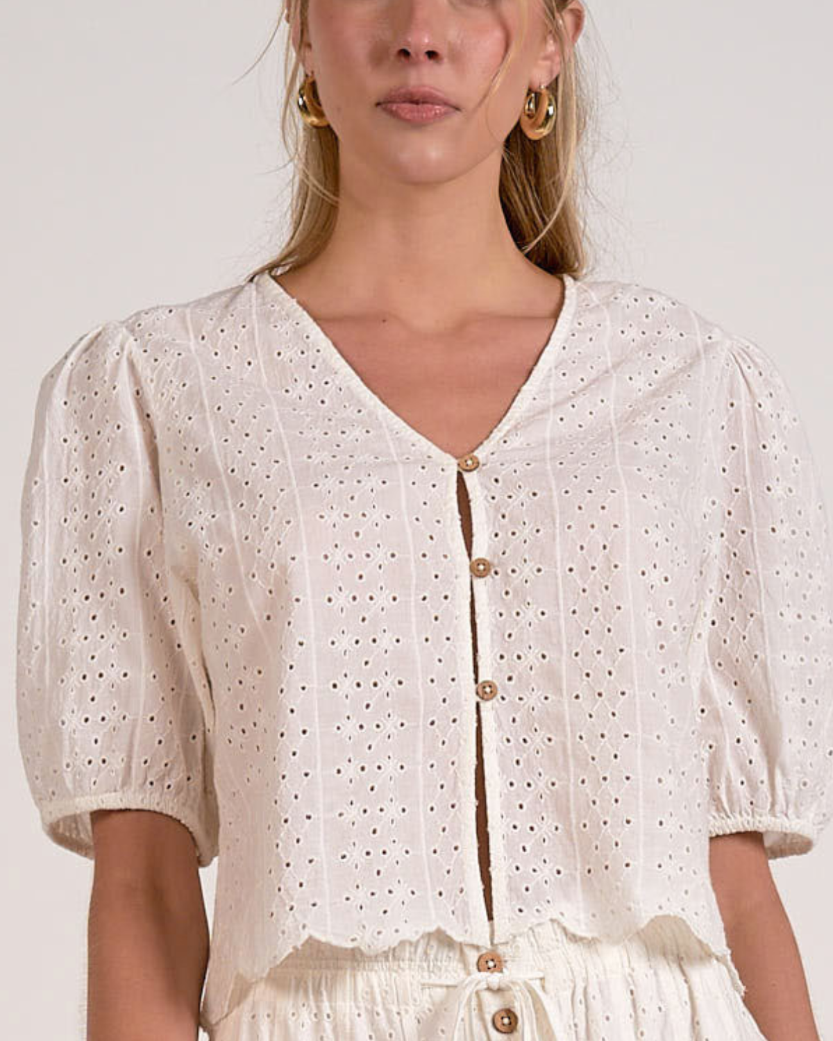 Elan Eyelet Puff Sleeve Crop Top - EL11672