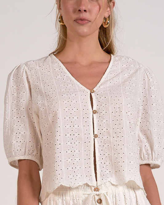 Elan Eyelet Puff Sleeve Crop Top - EL11672