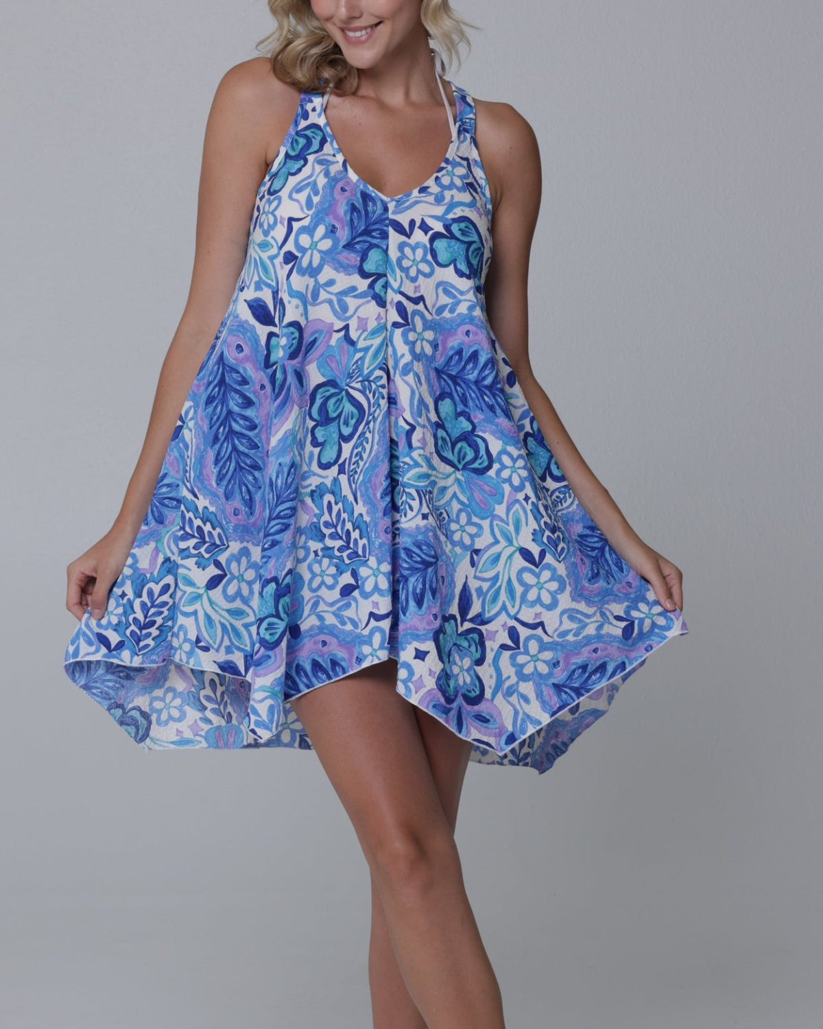 blue racer back dress Thanh Ca Sleeveless Midi Racerback Tent Dress in Dark Blue main image 0