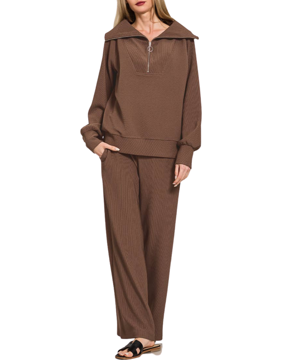 Zenana Ribbed High Neck Half Zip Pullover & Pants Set - 28339