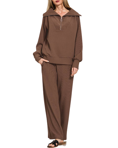 Zenana Ribbed High Neck Half Zip Pullover & Pants Set - 28339