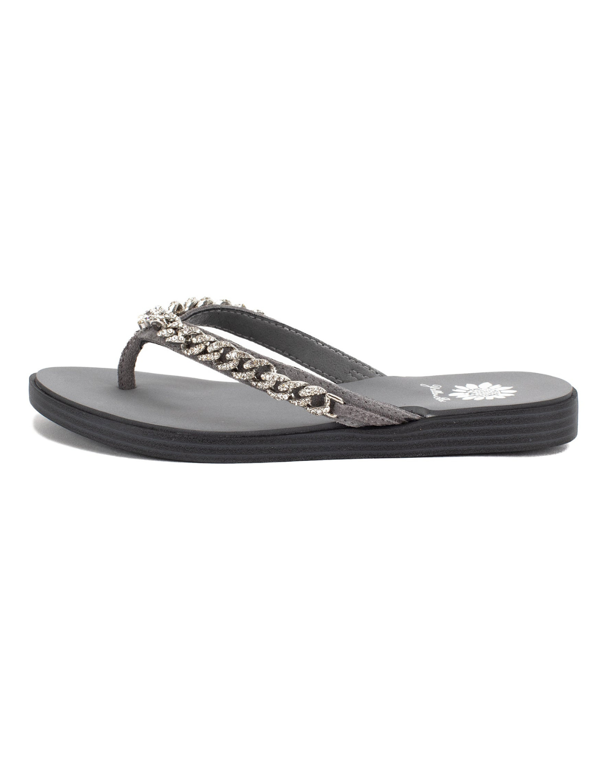 Women's grey sandal with silver chain detail on the strap.