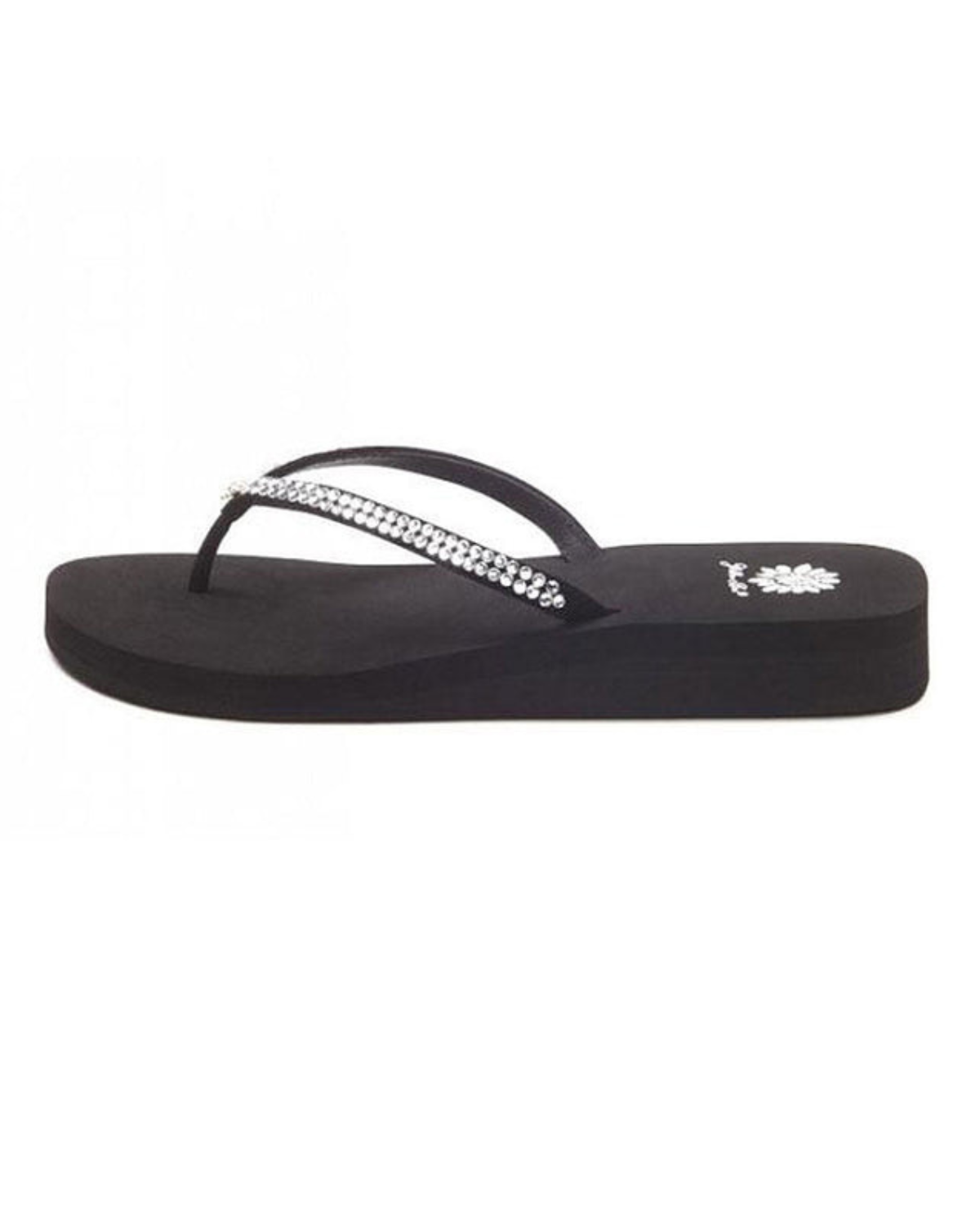 Women's black wedge sandal with rhinestones on the strap.