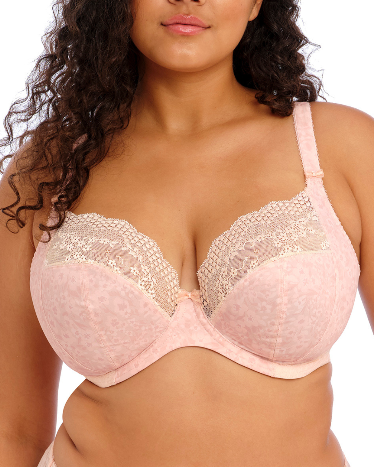 Model wearing a stretch plunge bra in pink