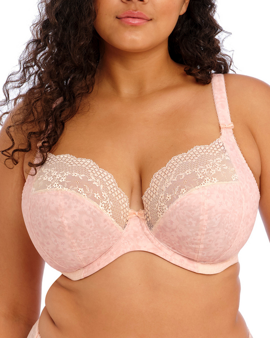 Model wearing a stretch plunge bra in pink