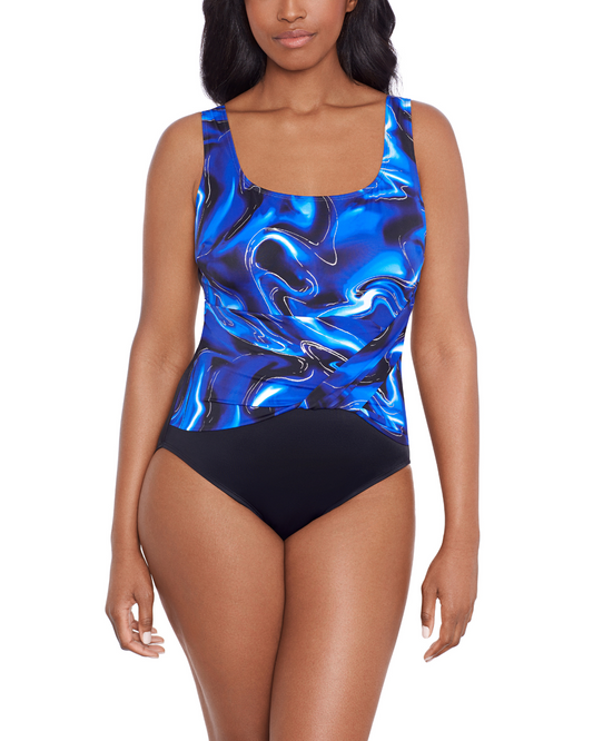 Modeling wearing a one piece with twist front top in black with a black, blue, white and silver marble print top half.
