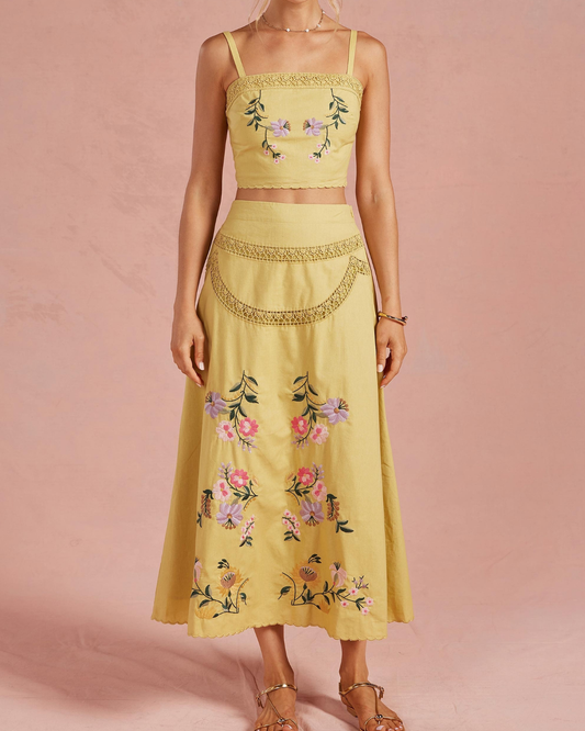 Strut & Bolt Embroidered Floral Lace Detail Top Skirt Set - Ssb-Set-0068