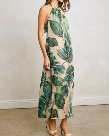 Dress Forum Tropical Leaf Beaded Halter Fluid Dress - FD14111