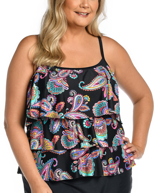 Model wearing a plus sized triple tiered tankini top in black with gold, red, blue, red paisley print
