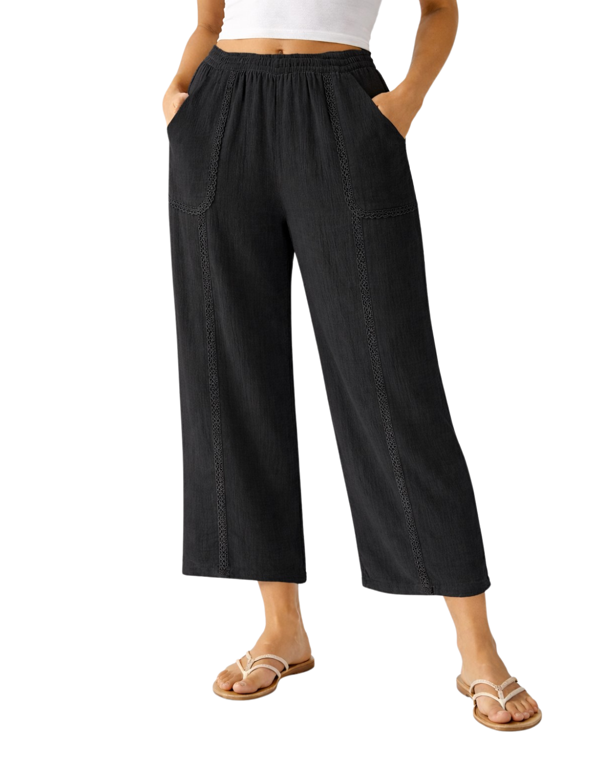 Pine Apparel Cotton Gauze Cropped Wide Leg Pant w/ Crochet Lace Trim (More Colors Available) - 5073301