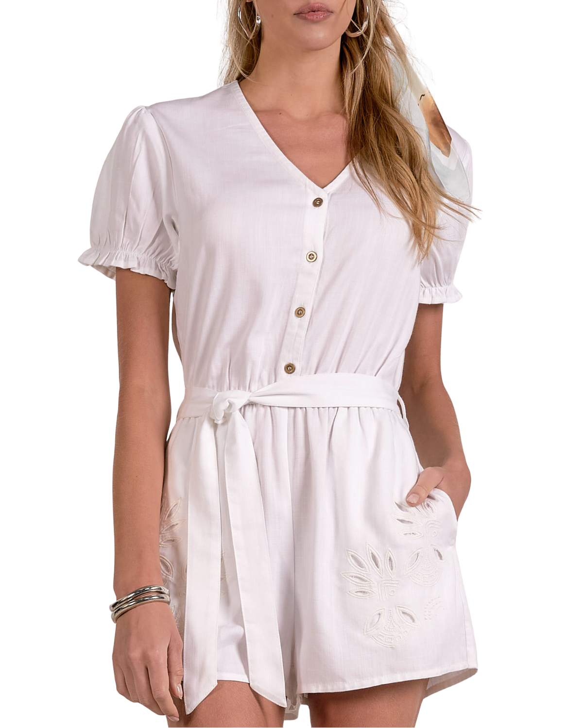 Elan Button Front Tie Waist Romper - DTE7349
