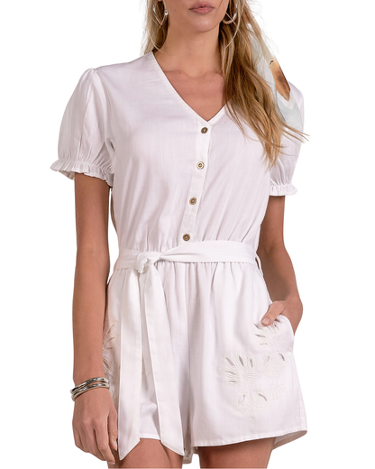 Elan Button Front Tie Waist Romper - DTE7349