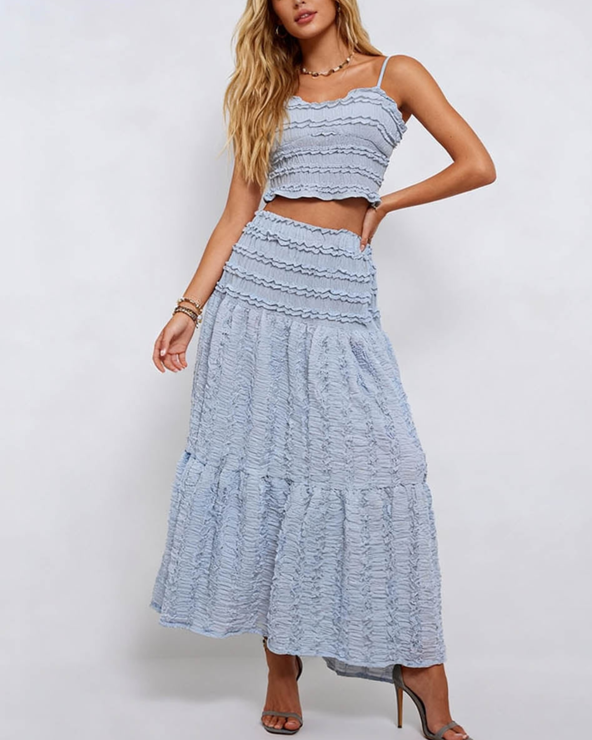 Sweet Kama Romantic Wrinkle Ruffle Cami Top & Tiered Maxi Skirt Set - 85KST6V