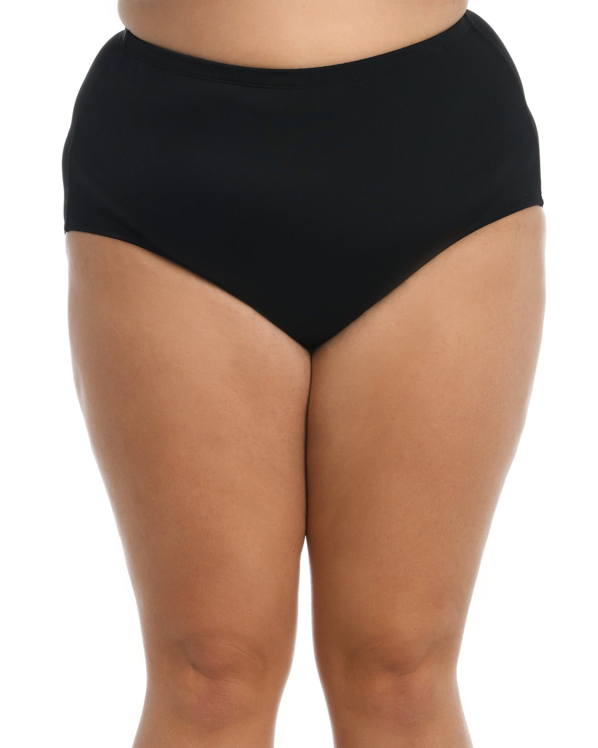 Plus size model wearing a full pant bikini brief in black