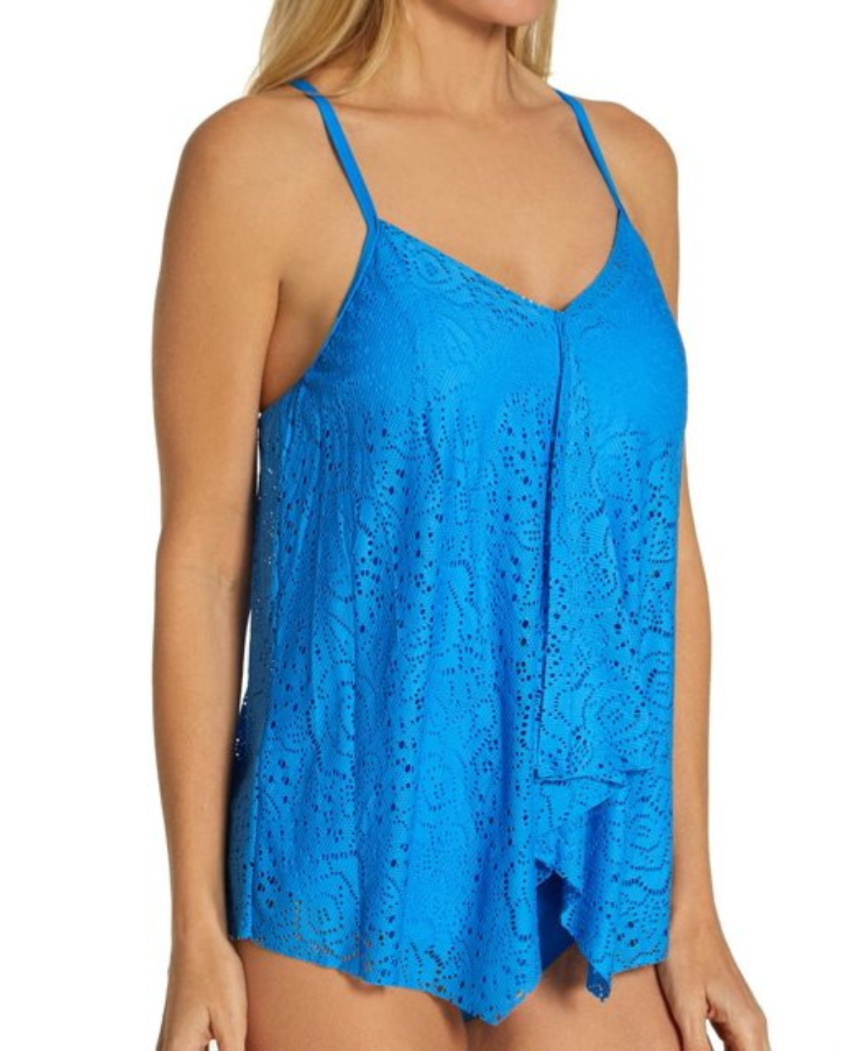 Model wearing a layered crochet tankini top in blue