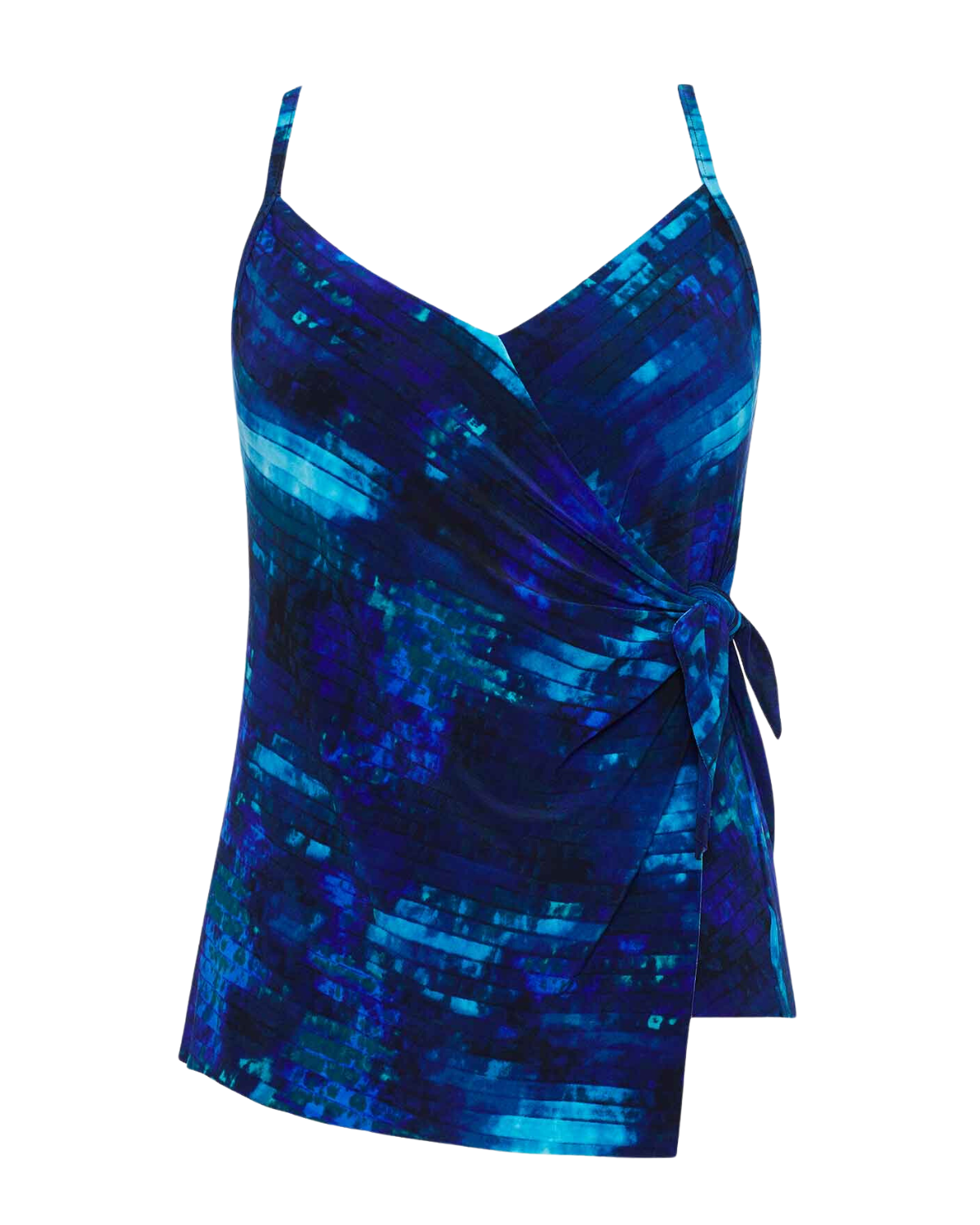 Flat lay of a tankini top with adjustable straps in and abstract blue, black and navy 