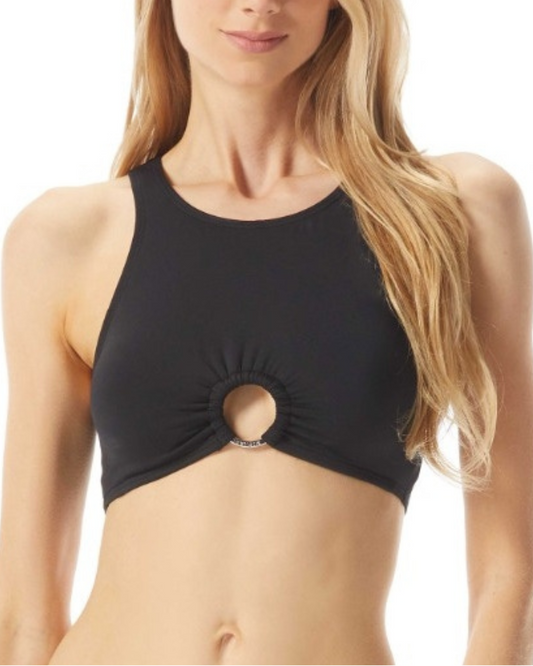 Model wearing a high neck cropped bikini top with ring detail in black
