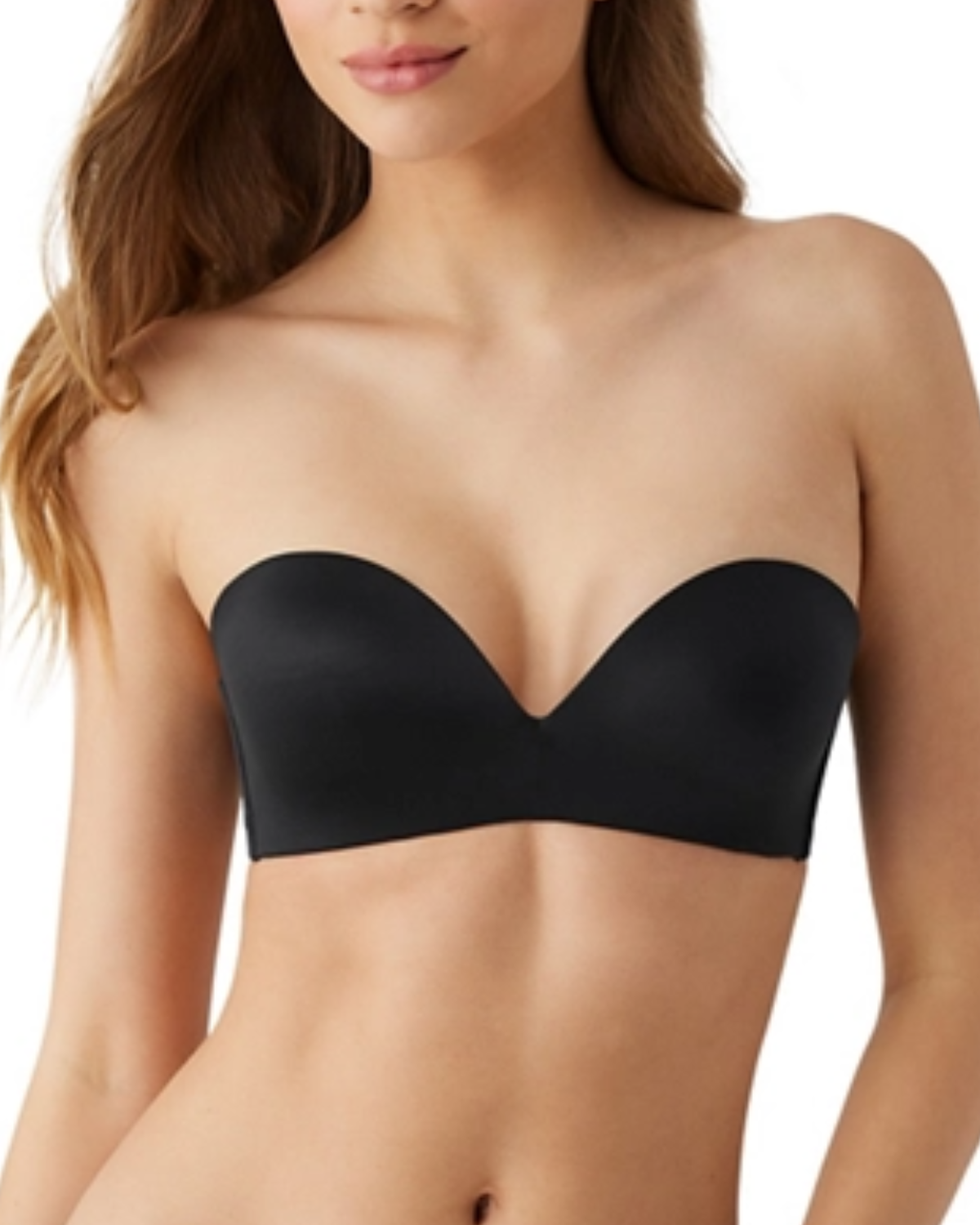 Model wearing a molded wire-free strapless bra in black