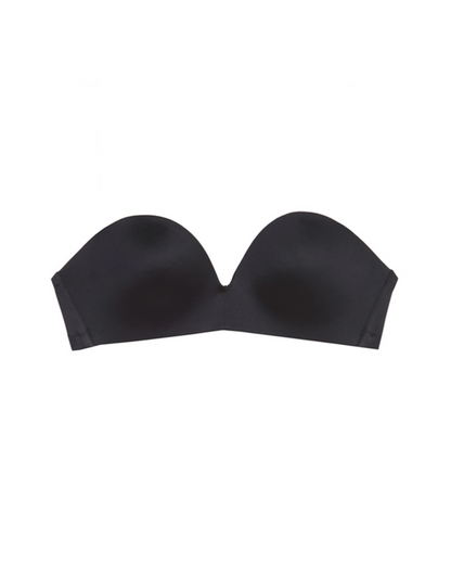 Flat lay of a molded wire-free strapless bra in black with detachable straps to wear multiple ways in black