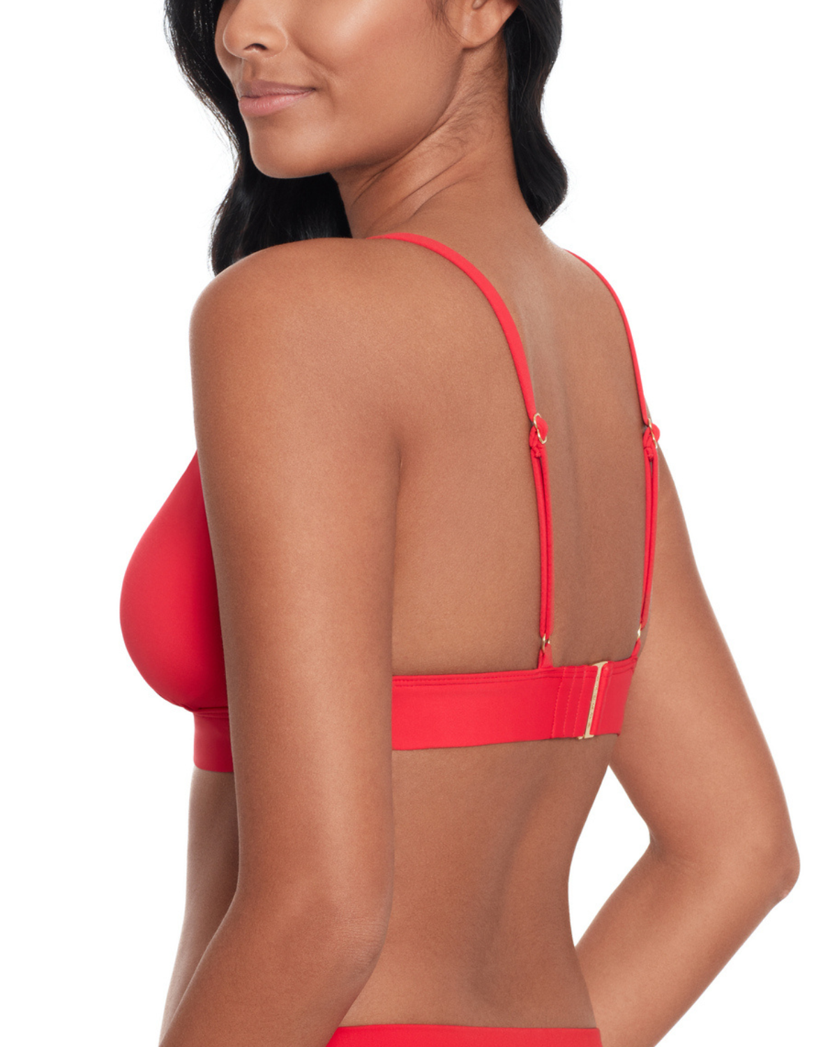 Model wearing a v-neck bikini top with adjustable straps in red