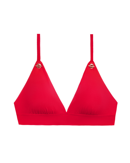 Flat lay of a v-neck bikini top with adjustable straps in red