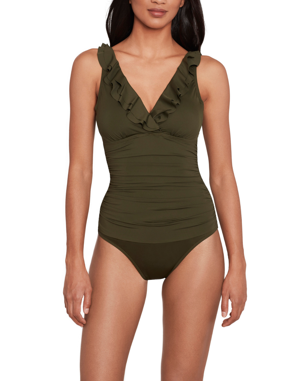 Model wearing a v-neck one piece with a ruffle trim and shirred panel around the torso in olive