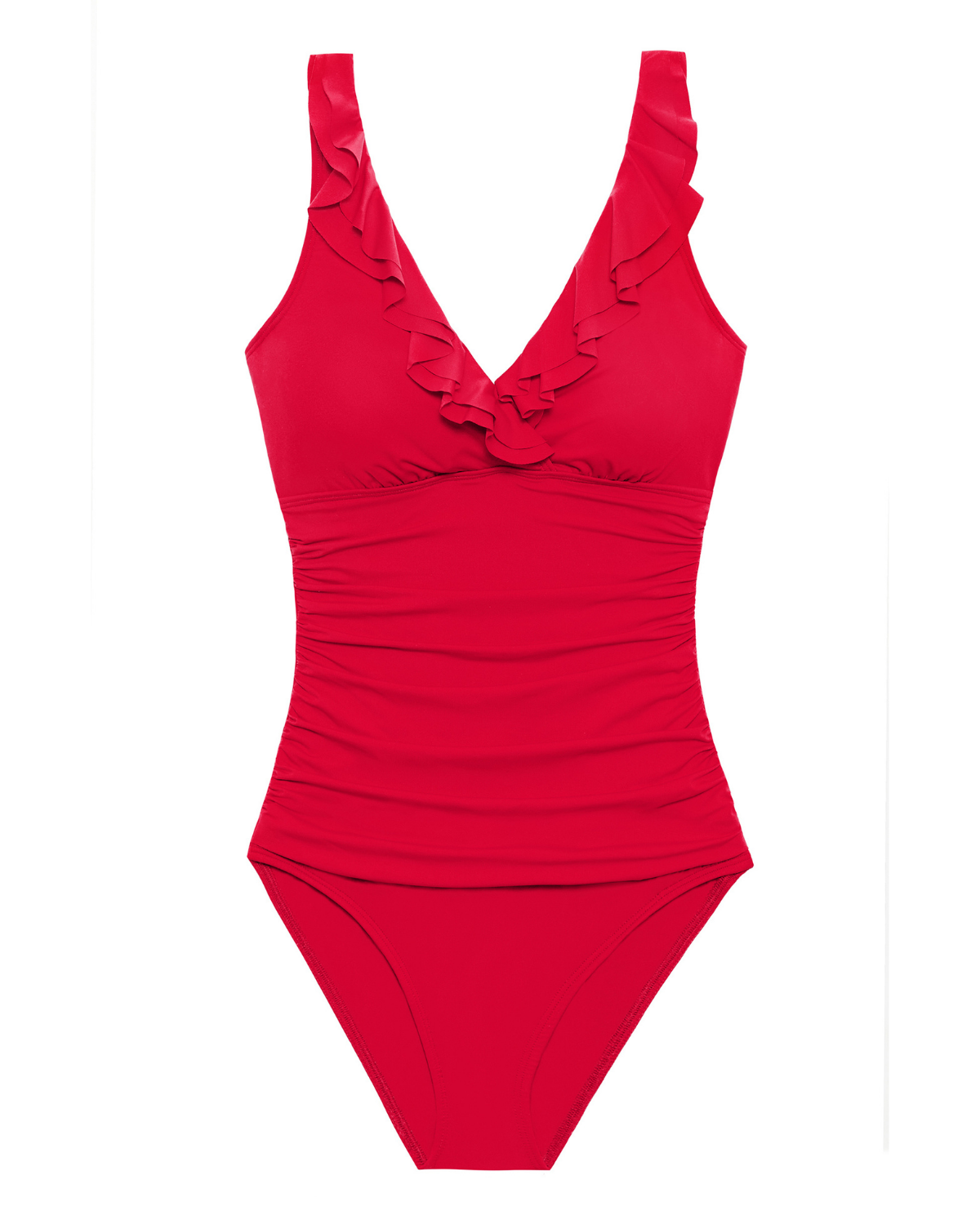 Flat lay of a v-neck one piece with a ruffle trim and shirred panel around the torso in red