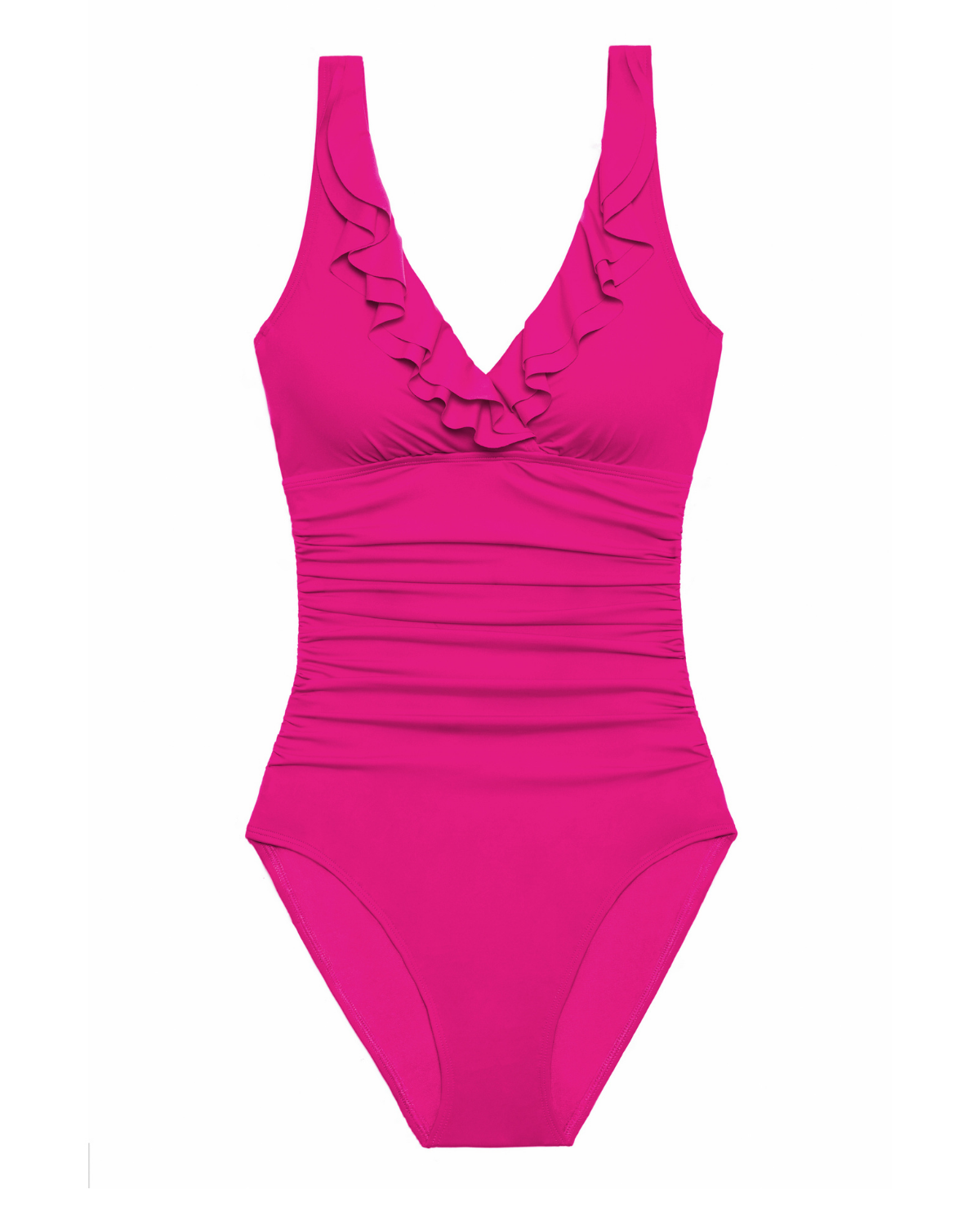 Flat lay of a v-neck one piece with a ruffle trim and shirred panel around the torso in pink