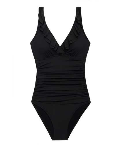 Flat lay of a v-neck one piece with a ruffle trim and shirred panel around the torso in black