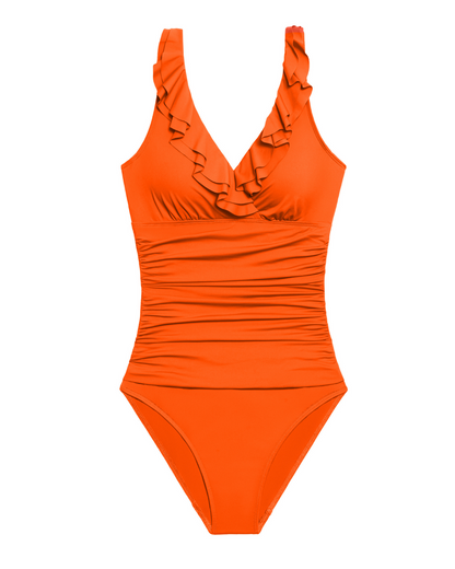 Flat lay of a v-neck one piece with a ruffle trim and shirred panel around the torso in orange