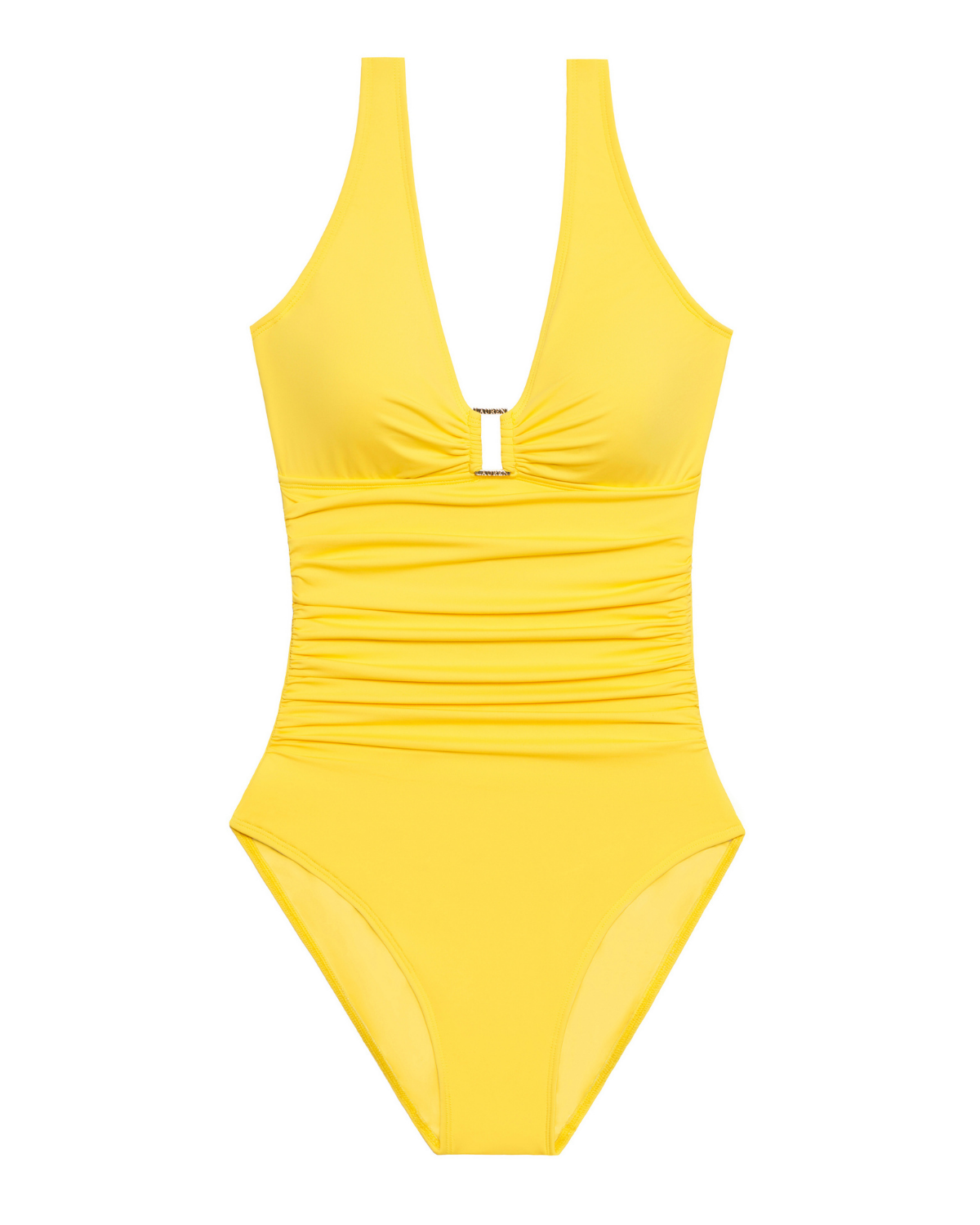 Flay lay of a v-neck one piece with a ring detail and shirred torso in yellow